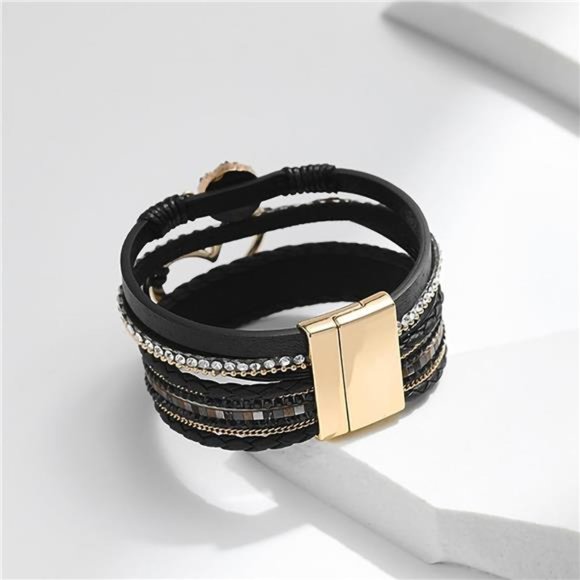 Bracelet for Women, Boho Leather Wrap Multi-Layer Pearl Crystal Bracelet Bangle - Picture 6 of 7